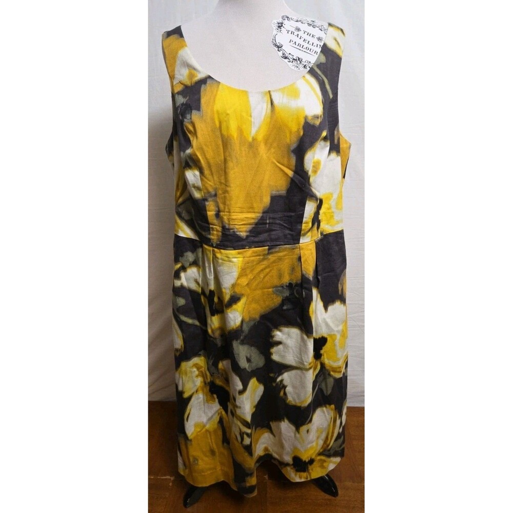 Eliza J Floral Sheath Dress Sz 14W Yellow Taupe Grey Pockets Womens Sleeveless